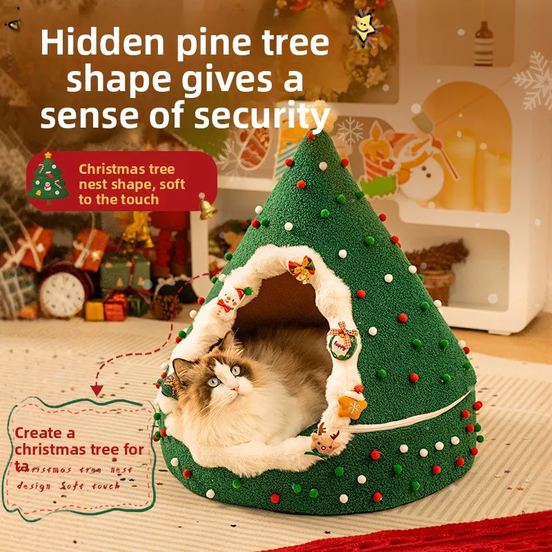 Christmas Tree Cat House Winter Warm Semi Enclosed Tent Bed Washable Foldable Plush for Cats Dogs Four Seasons Use