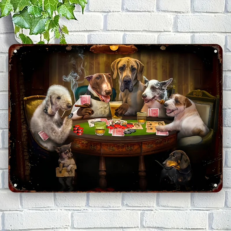 Vintage Metal Dog Playing Cards Art - , Humorous Scene with Pug, Beagle, Bulldog, and German Shepherd Poker, Perfect for Home,