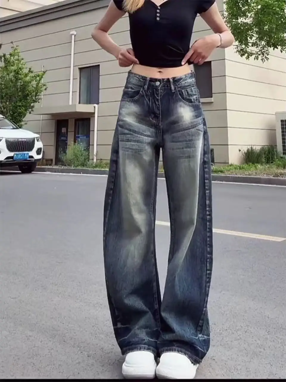 

High Waist Wide Leg Jeans Women's Loose Fit Slimming Denim Pants American Retro Washed Bamboo Pattern Knife Design