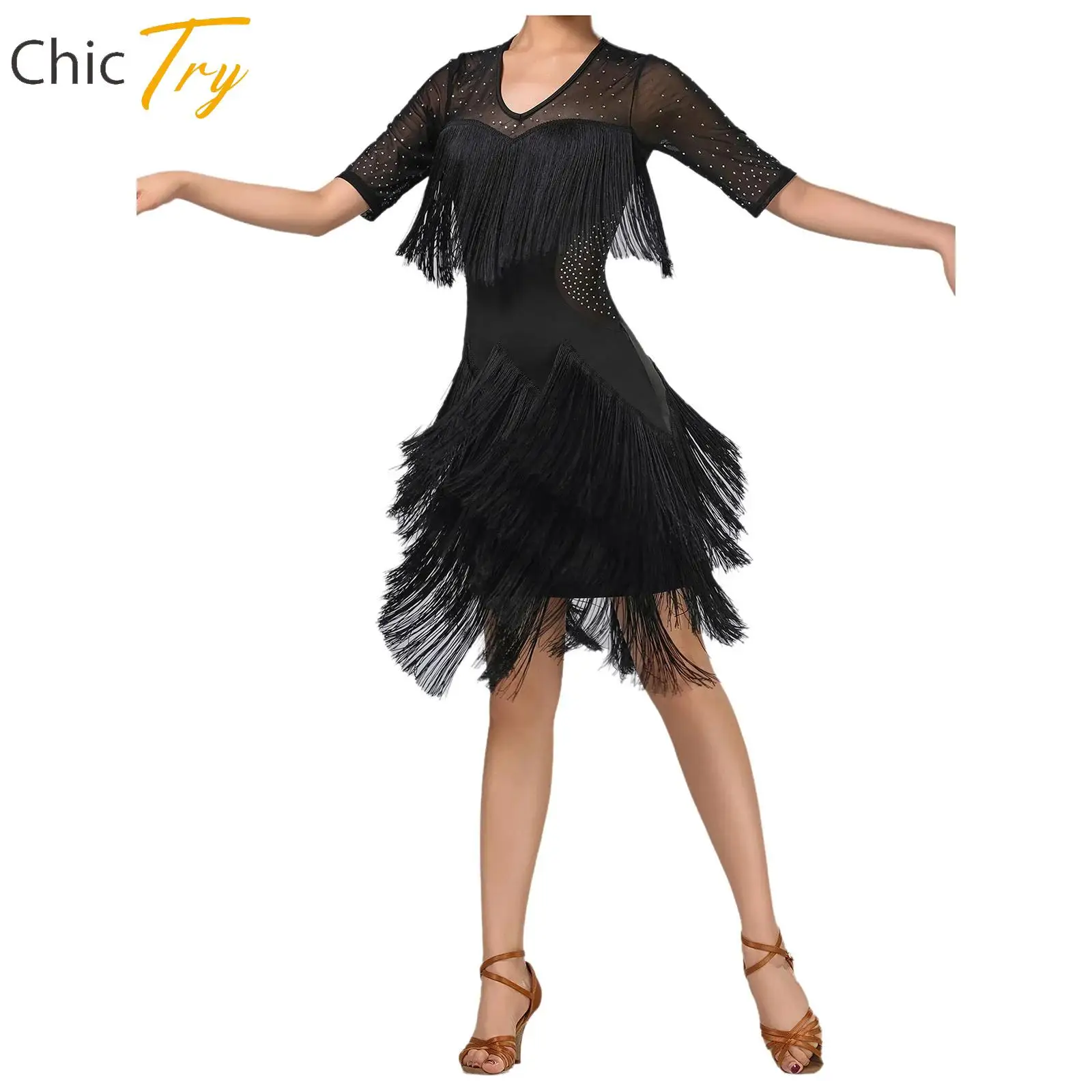

Short Sleeve Tassel Latin Tango Dress Womens Chacha Rumba Samba Performance Party Costume Glittery Rhinestone Mesh Fringe Dress