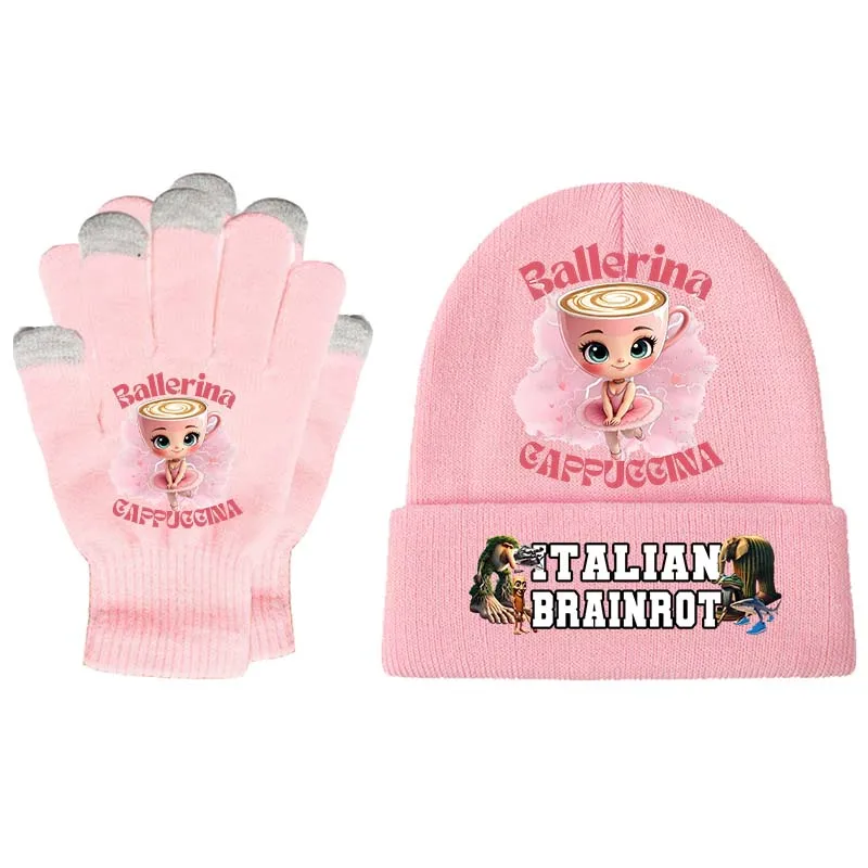 2pcs Italian Brainrot Animals Knitted Hat Gloves Cappuccino Assassino Cap Mittens Set Winter Outdoor Warmth Kid Hats Xmas Gifts