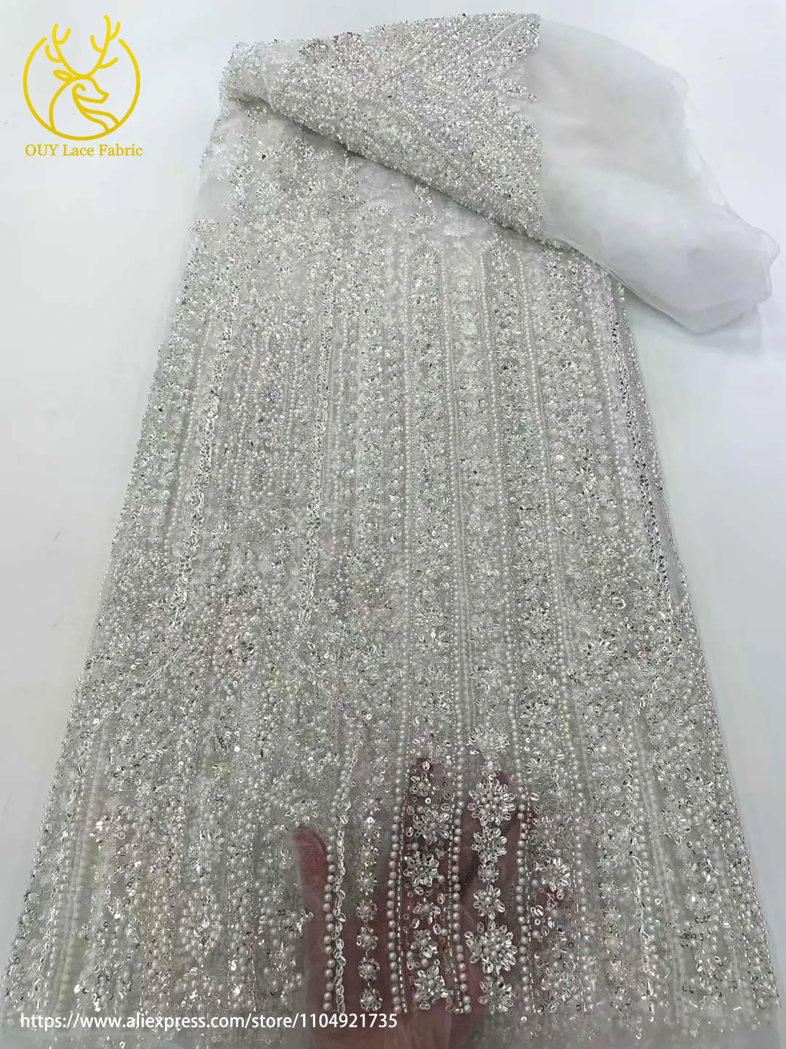 Beautiful Elegant African Handmade Beaded Lace Fabric 2025 Fashion French Nigerian Sequins Embroidered Lace Wedding Dresses