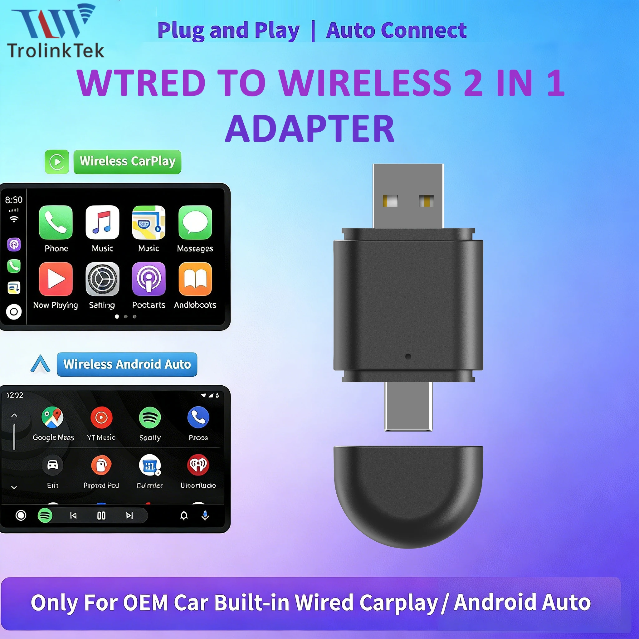 

Двухинтерфейсный беспроводной адаптер USB&Type-C для CarPlay, Android Auto, WiFi6, AI Smart Box, интеллектуальные автомобильные системы для автомобилей с проводным CarPlay
