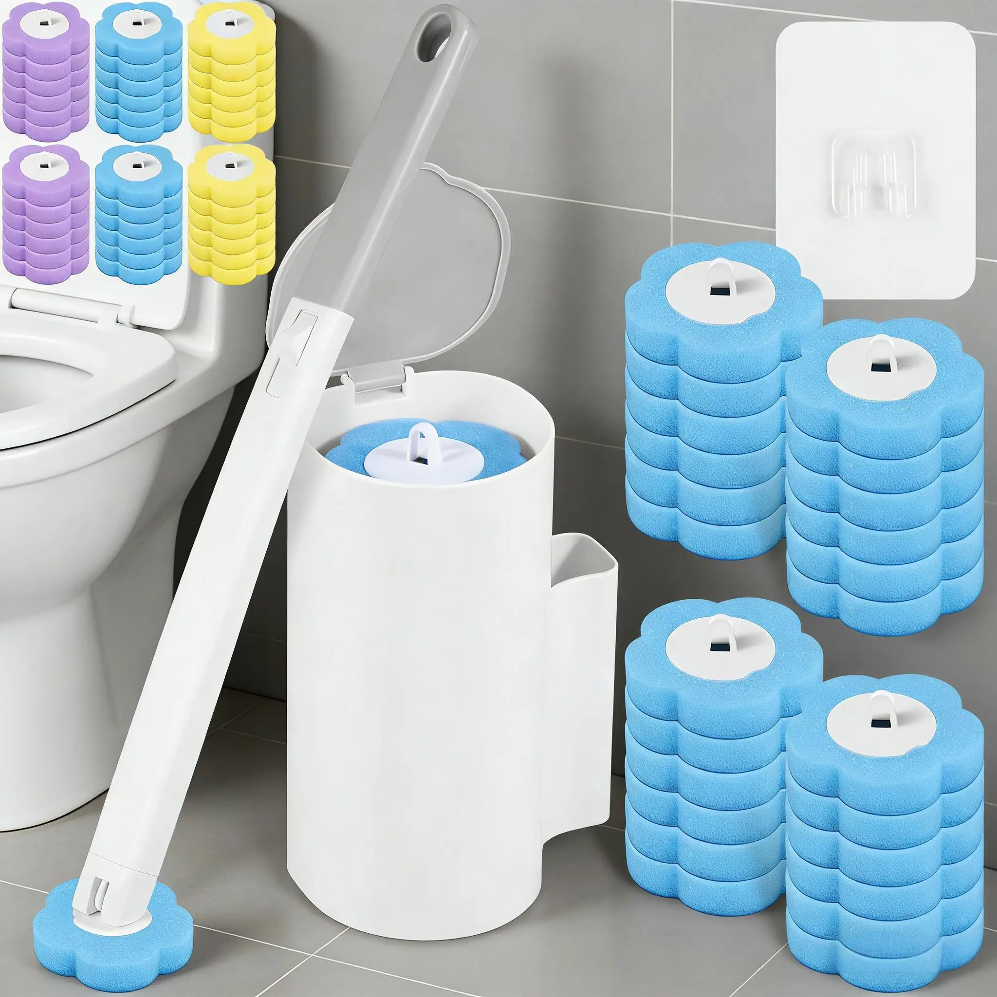 Brosse de toilette avec Kits de têtes de rechange jetables, ensemble de nettoyage mural à Long manche, accessoires de salle de bains à domicile 18/36 pièces