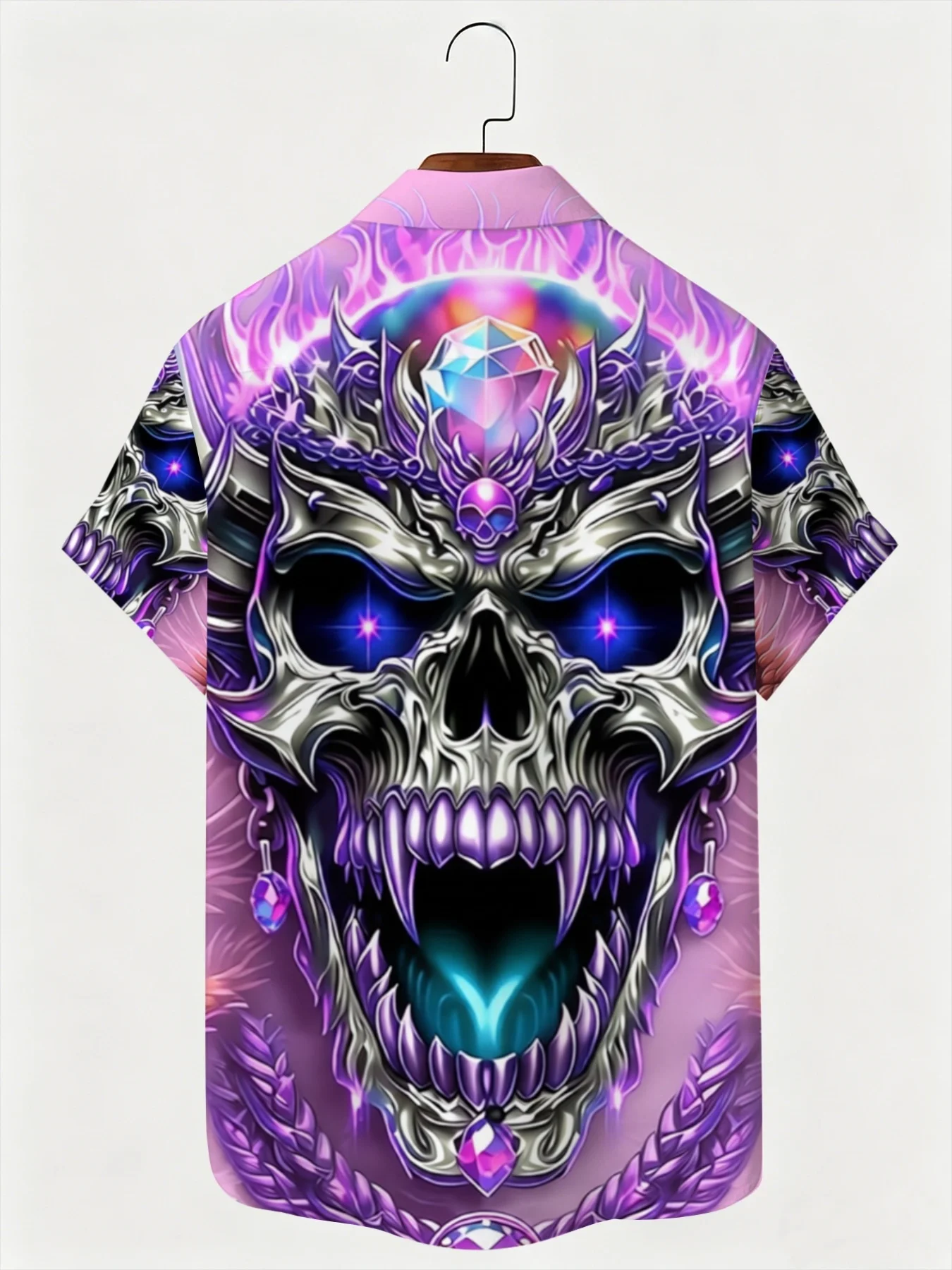 Men Gothic Purple Gem Skull Print Short Sleeve Shirt Lapel Collar Halloween Party Casual Tops