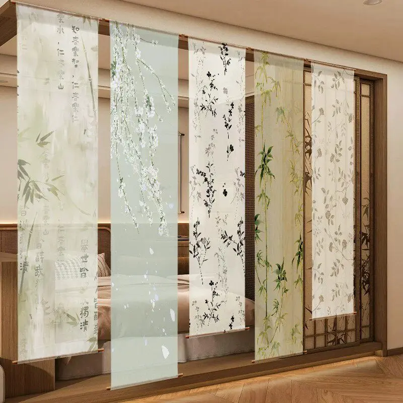 Zen Gauze Wall Hanging – Light Filtering, No-Drill Bamboo & Floral Drapes, Semi Transparent Room Divider for Meditation Space