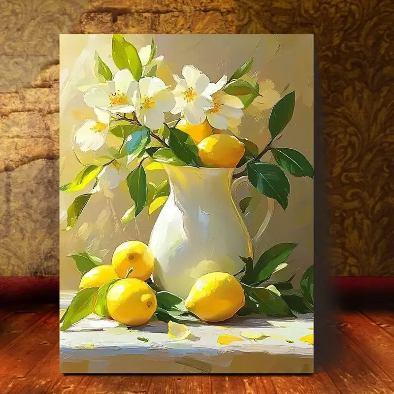 Vintage Lemon & White Flowers Canvas Wall Art - 8x15