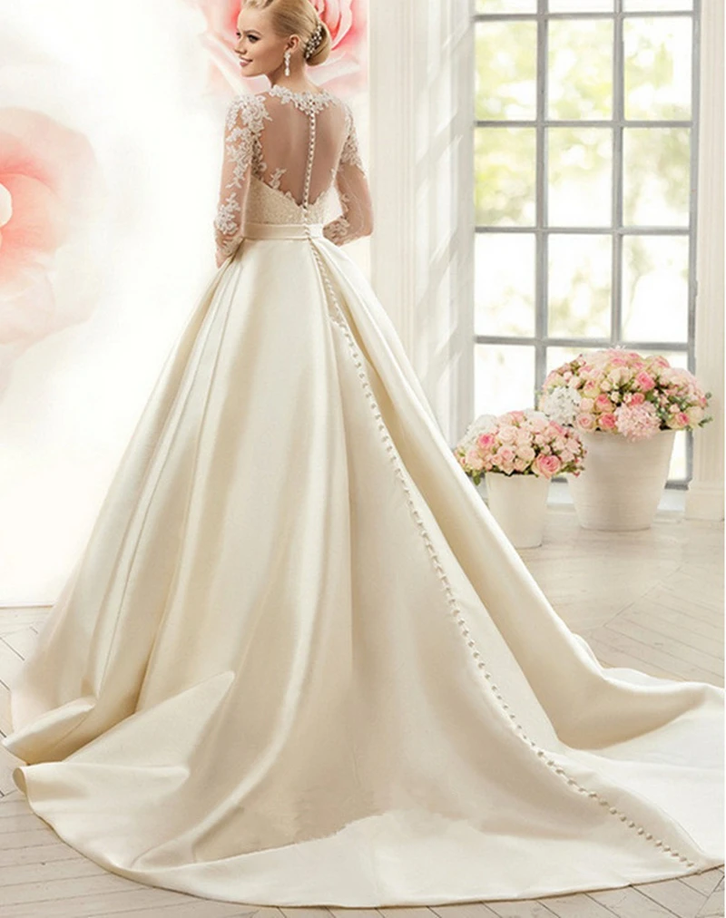 Round Neck Perspective Plus Size Wedding Dress Long Sleeve Bridal Trailing Gown vestidos elegantes para mujer robe de mariée2022