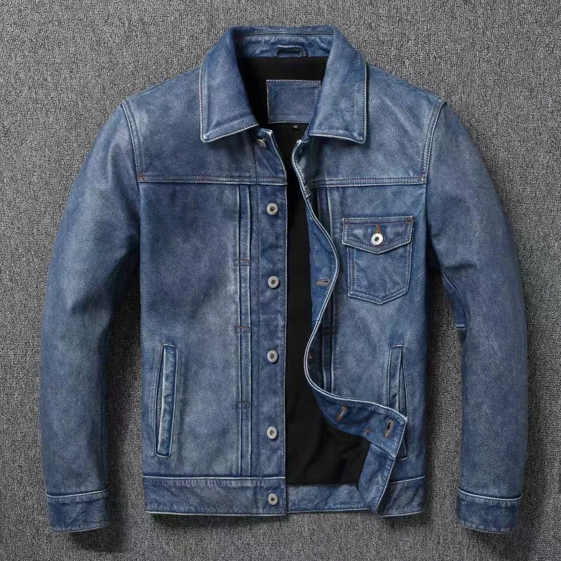 2023 New Leather Jacket Men's Single-Breasted Denim Blue Retro Old Motorcycle Leather Jacket Slim-Fit Lapel Coat