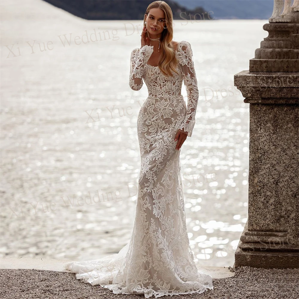 Elegant Gentle Mermaid Wedding Dresses Luxury Lace Appliques Bride Gowns Long Sleeves Backless Vintage Floor Length For Women