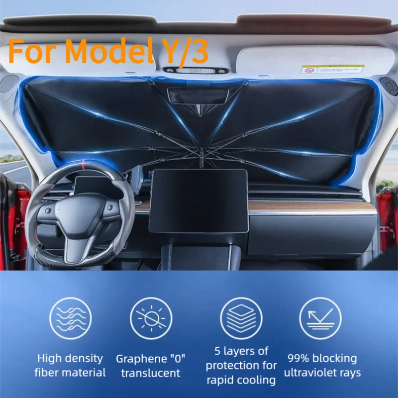 

For Tesla Model Y/3 Car Foldable Windshield Sunshade Front Window Visor Sunscreen Heat Insulation UV Cover Umbrella Shade
