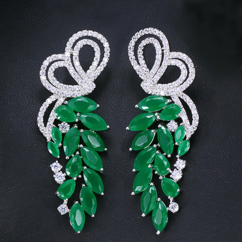 

ThreeGraces New Fashion Green Cubic Zirconia Stone Silver Color Long Leaf Drop Earrings for Women Trendy Party Jewelry E1876