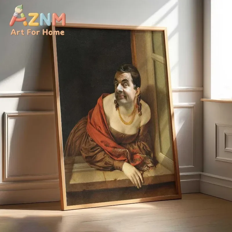 Funny Mr Bean Renaissance Canvas Wall Art Unframed Vintage Painting Parody Print Humorous Portrait Poster for Room Decor