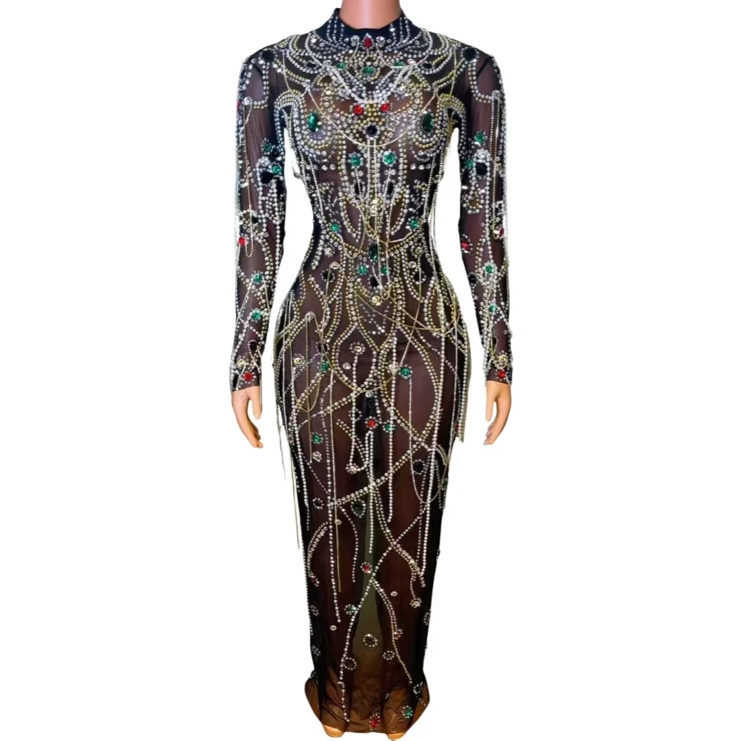 

Luxury Birthday Pearl Rhinestone Long Dress For Women Drag Queen Costume Hot Drilling Process Celebrity Stretch Stage Wear