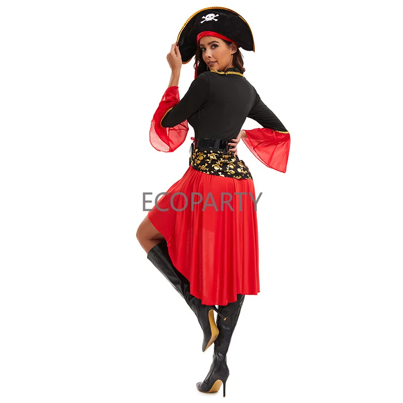 Female Caribbean Pirates Capatain Costume with Hat Halloween Role Playing Cosplay Suit Woman Medieval Gothic Fancy Dress