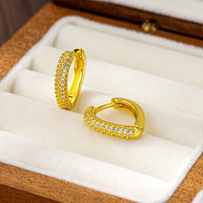 Cynlo Jewelry Zircon-Inlaid Heart Hoop Earrings 24K Gold AU999 Women - Classic style, mellow 24K texture, reliable AU999, versat