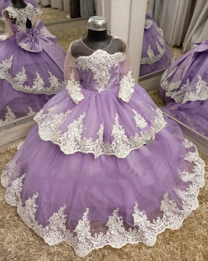 Customized  2025 Lilac Purple Mini Quinceanera Dresses Little Princess Flower Girl Dress Long Sleeve Tulle Applique