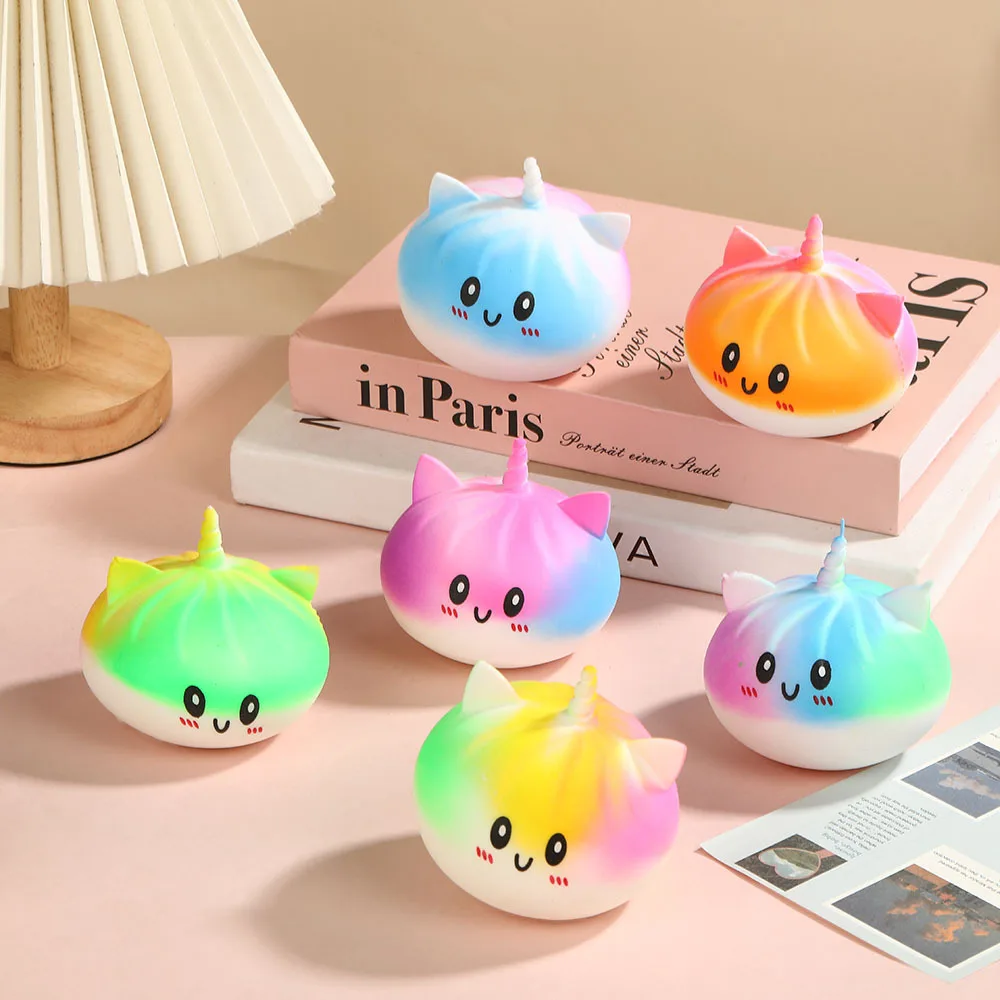 2Pcs Cat Squishy Toys, Rainbow Gradient Steamed Bun Slow Rising Squeeze Fidget Sensory Toy, Cute Bun Hand Toy