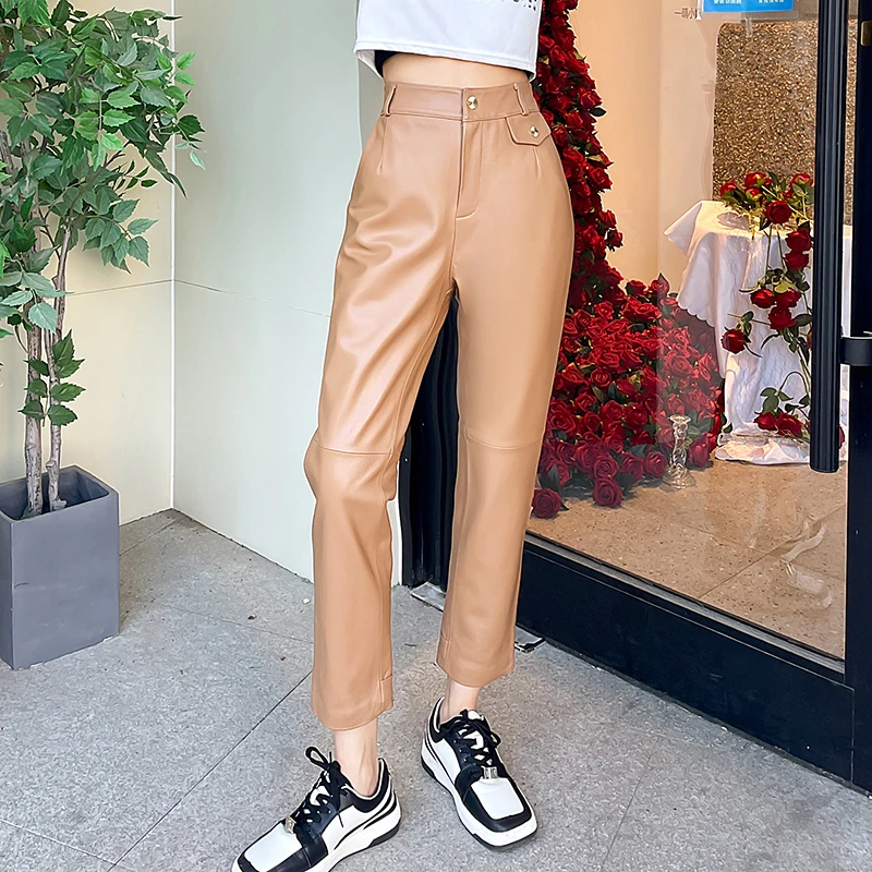 

2022 Autumn Winter Chic Women's Sheepskin Pencil-pants High Quality High-rise Leather Ninth Pants F134