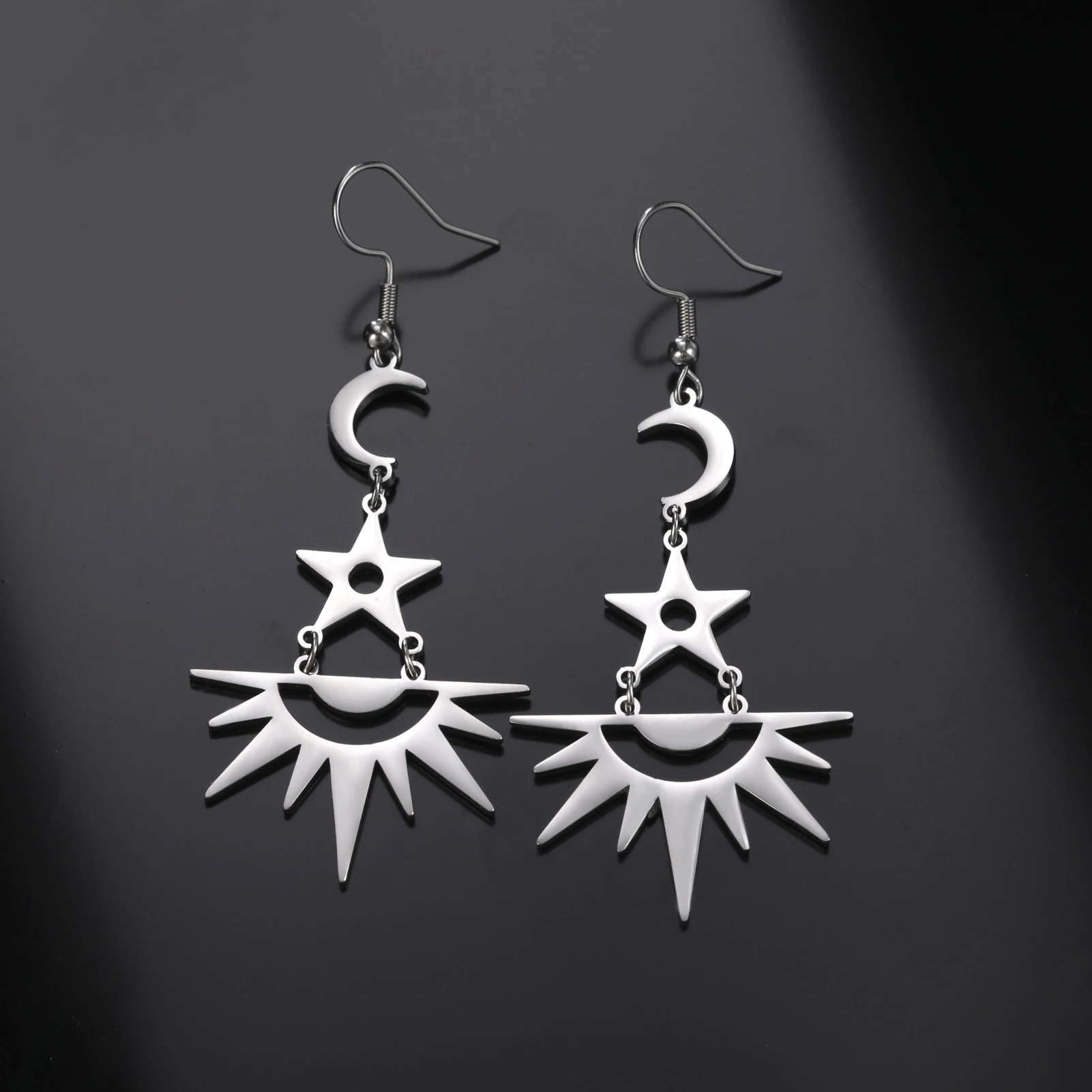 JDZQJ The Moon Star Half Sun Dangle Earring for Women Girl Stainless Steel Earrings Silver Color 2023 Fashion Jewelry Party Gift