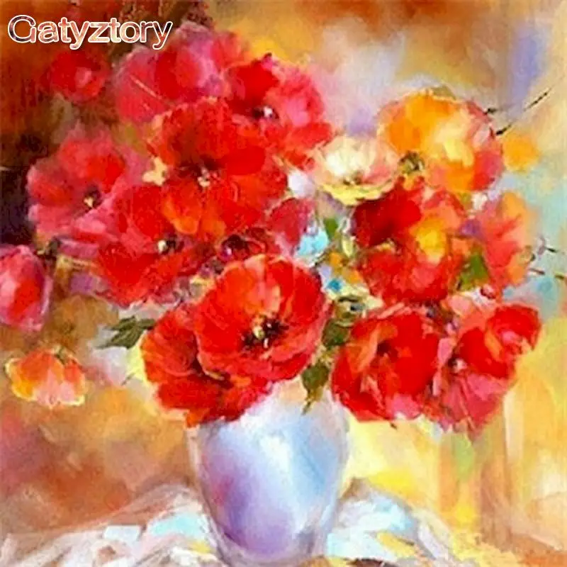 

GATYZTORY 60x75cm Frame DIY Painting By Numbers Kits Red Flowers Abstract Modern Home Wall Art Picture Flowers Paint By Numbers