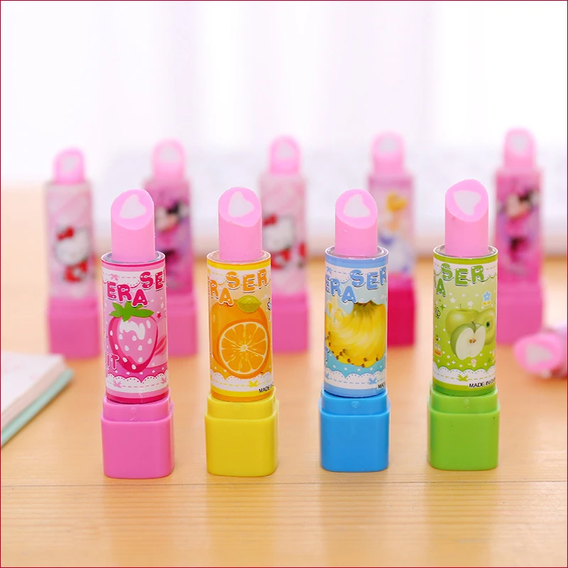 12 Pcs Creative Kids Cartoon Lipstick Fruit Pencil Erasers Student Rubber Eraser Stationery Kawaii Supplies