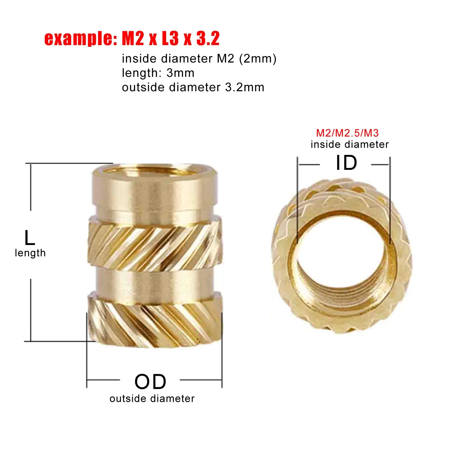 50/100pcs M1.6 M2 M2.5 M3 M4 Solid Brass Copper Embed Insert Nut for Hot Melt Heat Injection Molding Double Twill Knurled Thread