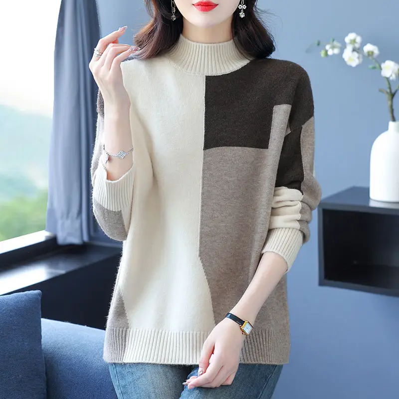 Half High Collar Women 2024 Loose Autumn Winter New Fashion Contrast Color Loose Minimalist Casual Long Sleeved Knitted Tops