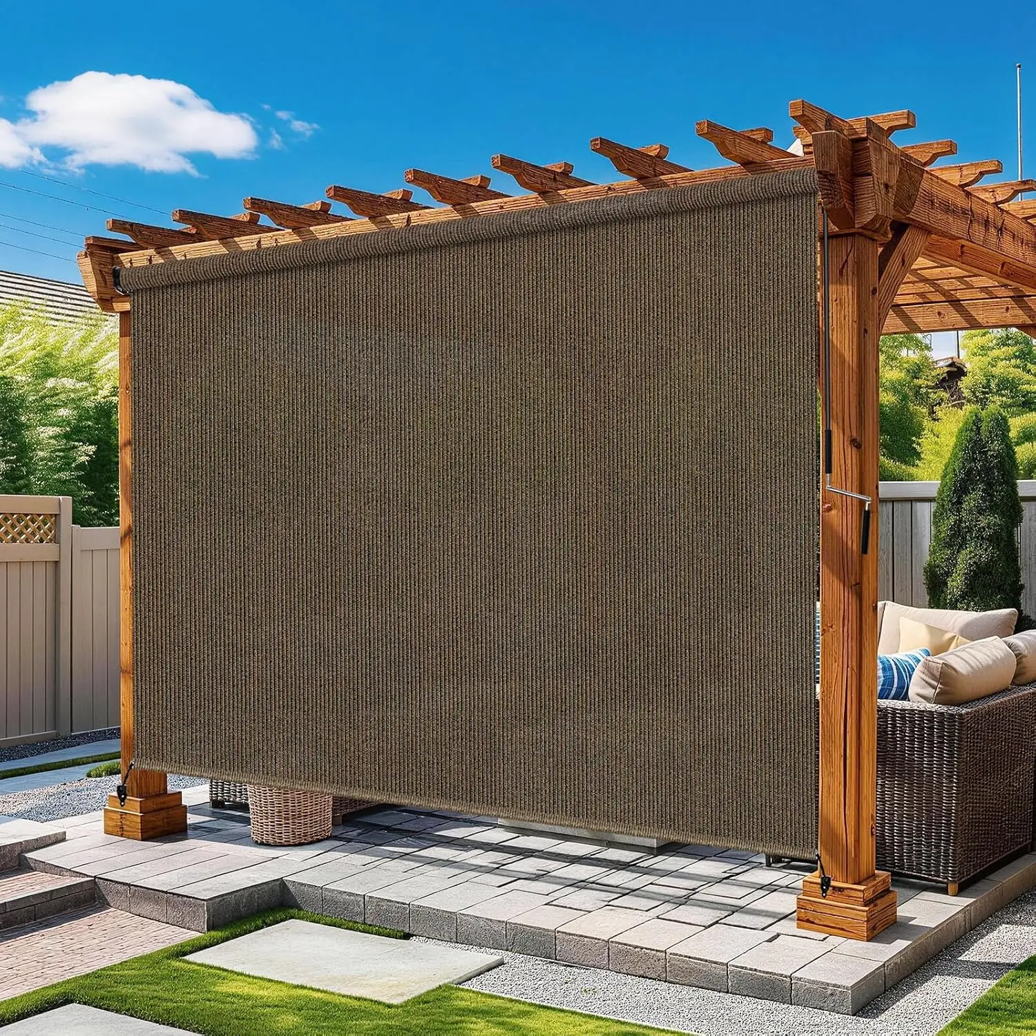 Vintage Mocha Outdoor Roller Shades 8' W x 8' H, Exterior Cordless Patio Shade Roll up-Down Blinds Spliced Design (Fixed 2 Poles