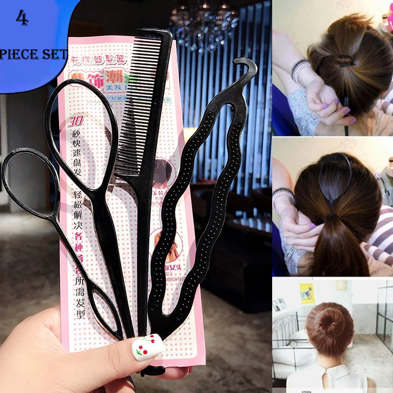 4Pcs/set Makeup Hair Styling Tools Women Fixed Tied Hair Variety Styling Hair Braiding Tools Black Comb Girls Hair Accessories