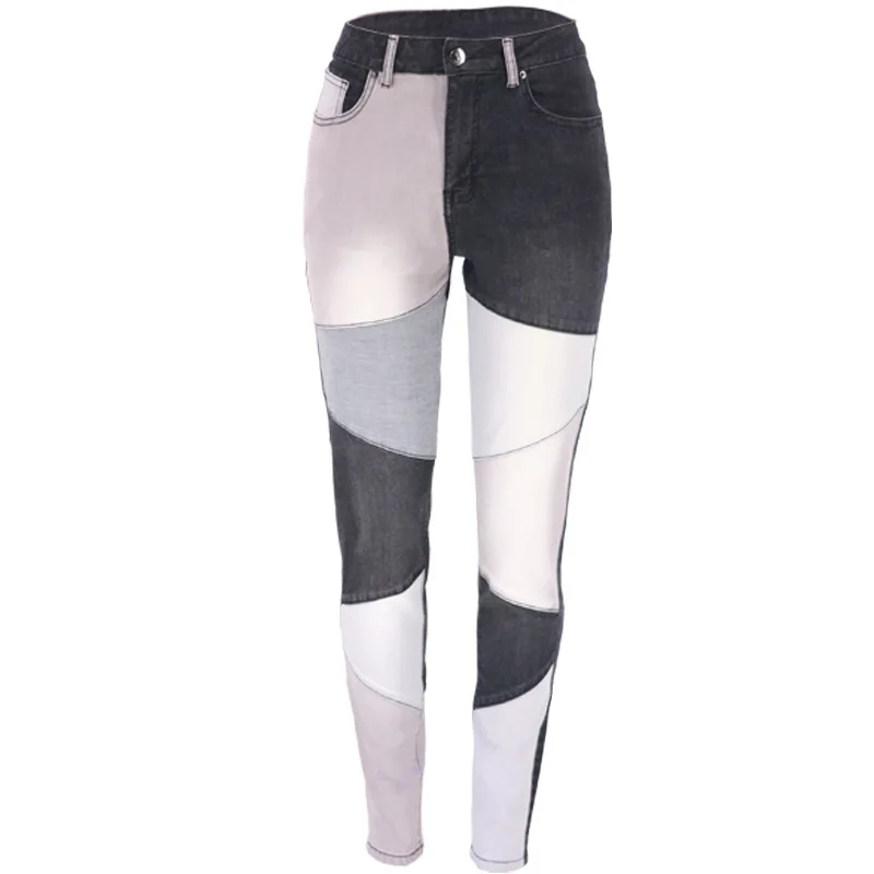 Spring Autumn blue and black two-color splicing trendy washed denim Vintage Mid Waist Stretchy Slant Pocket Skinny Jeans