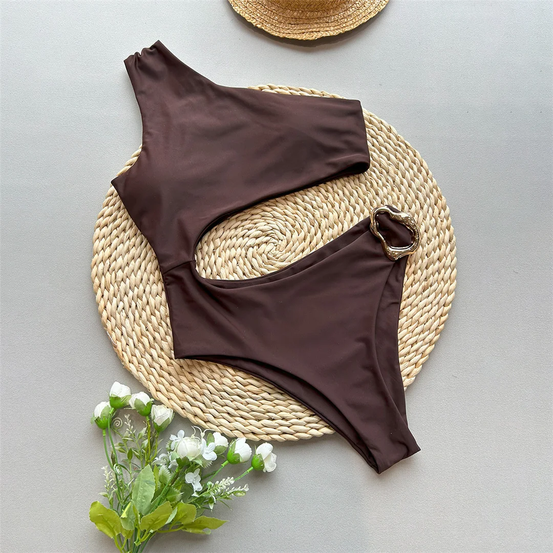 Asymmetrischer One-Shoulder-Badeanzug mit Metallring für Damen, einteiliger Badeanzug, hoch geschnittene Beine, gepolstert, Badebekleidung, Badeanzug, Modell V6549 – Detail 7