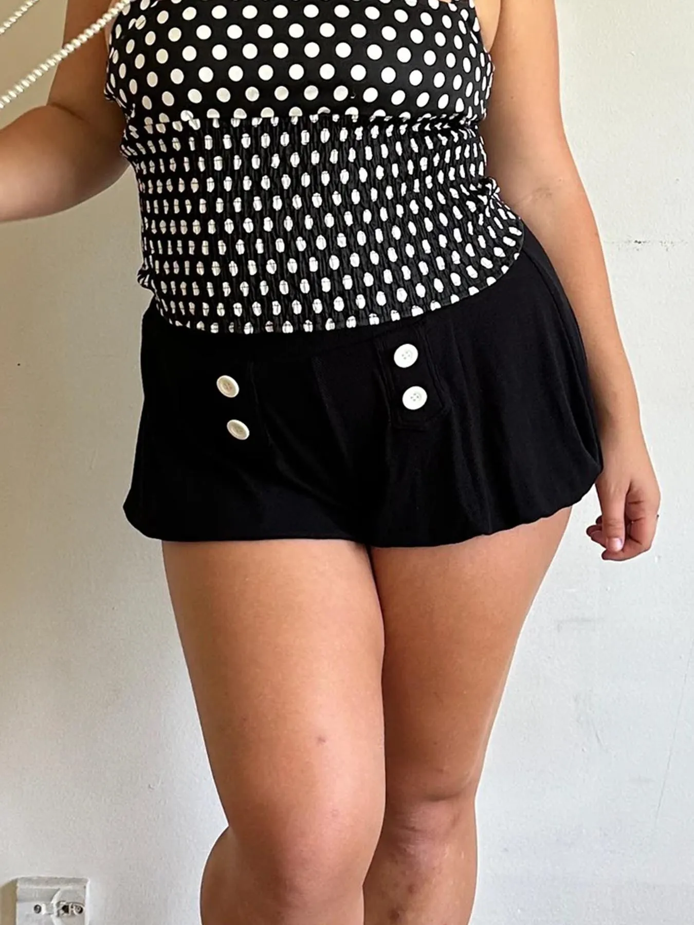 Y2K Women Bubble Mini Shorts Double Button Patch Pockets Elastic High Waist Puff Hem Loose Cute Coquette Streetwear Short Pants