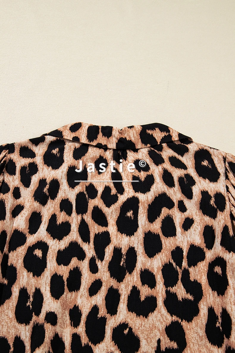 Vintage Leopard Print Midi Dress For Women Long Sleeve V-Neck Smocked Waist Flowy Loose-Fit Boho Casual Beach Party Dress