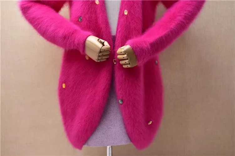 Ladies Women Fall Winter Pull Rose Beading Hairy Mink Cashmere Knitted Long Sleeves Loose Angora Cardigans Mantle Sweater Jacket