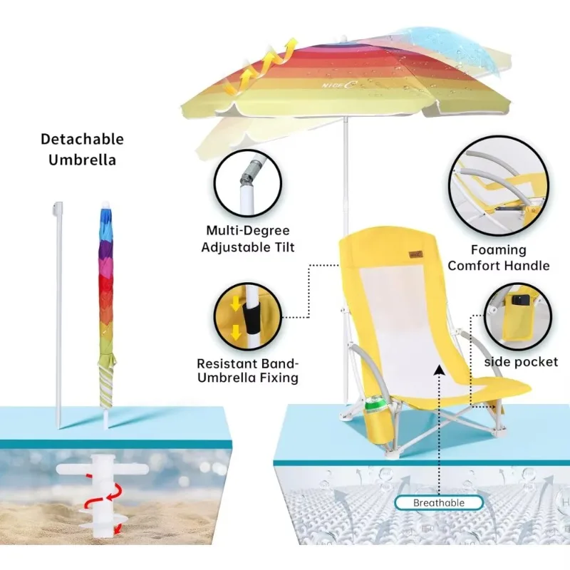 

Beach Chair, Beach Chairs for Adults with Umbrella and Cooler, High Back, Cup Holder & Carry Bag & Heavy Duty Compact Outdoor