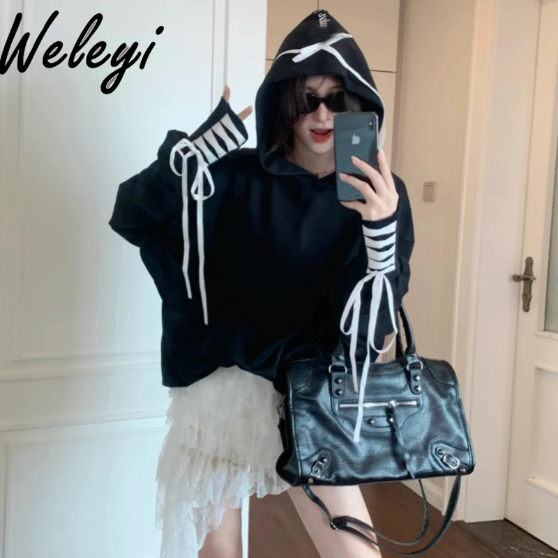 

Sweet Girl Bow Bandage Hooded Sweatshirt 2024 Early Autumn New Korean Style Loose Mid-length Black Hoodie Top Clothes for Women