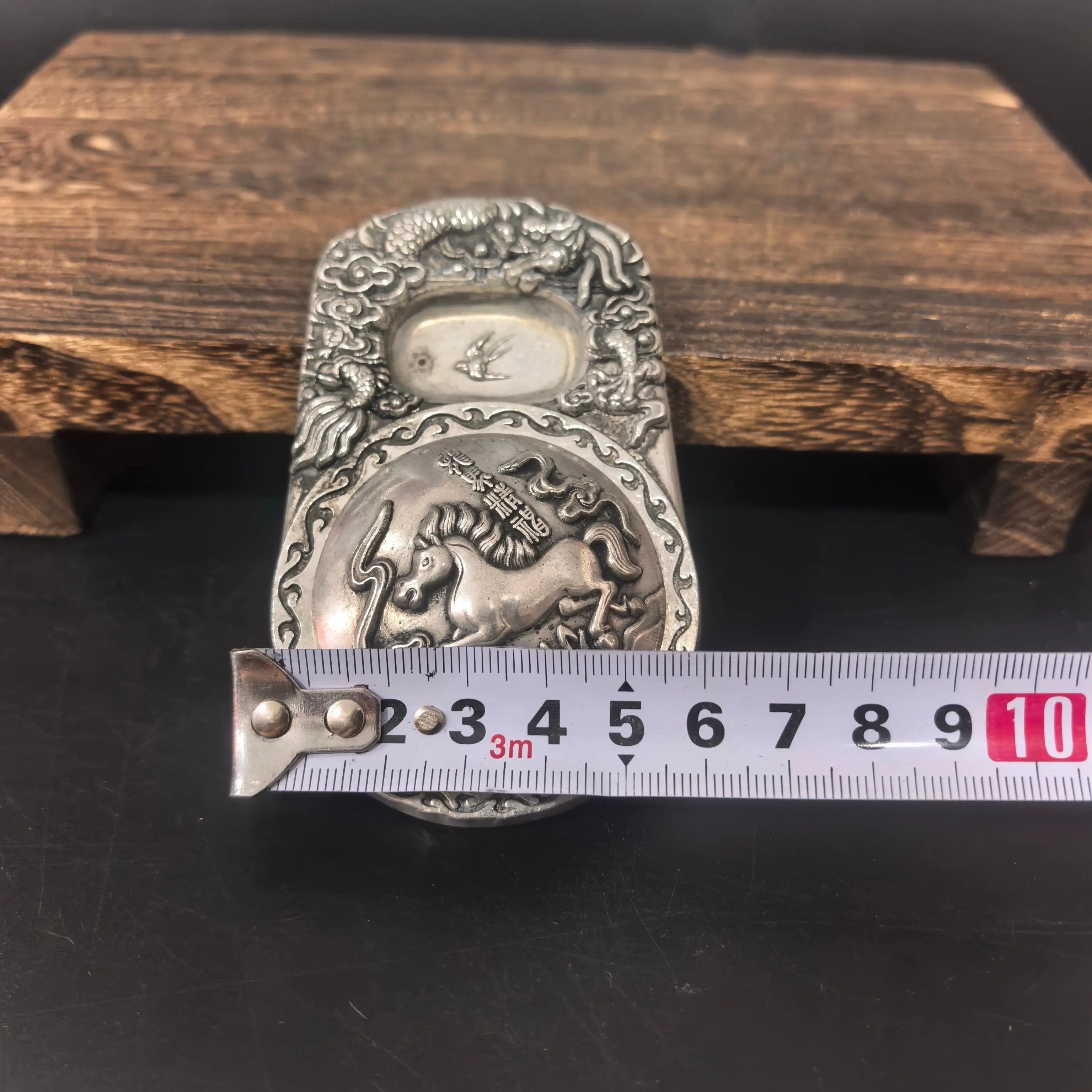Antique Miscellaneous Study Four Treasures Longma Spirit White Copper Silver Plated Inkstone with Cover Calligraphy Supplies Pen