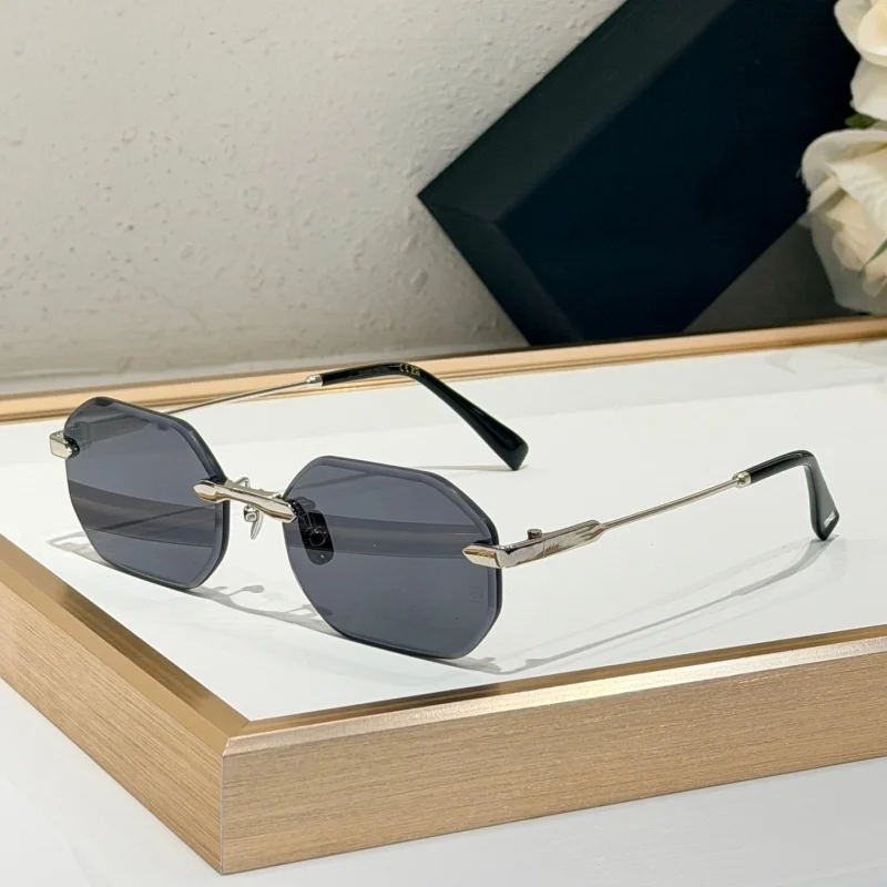 Luxury Gold Rimless Sunglasses Octagonal Polygon Frame  Acetate Temple Brown UV400 Premium Unisex Eyewear