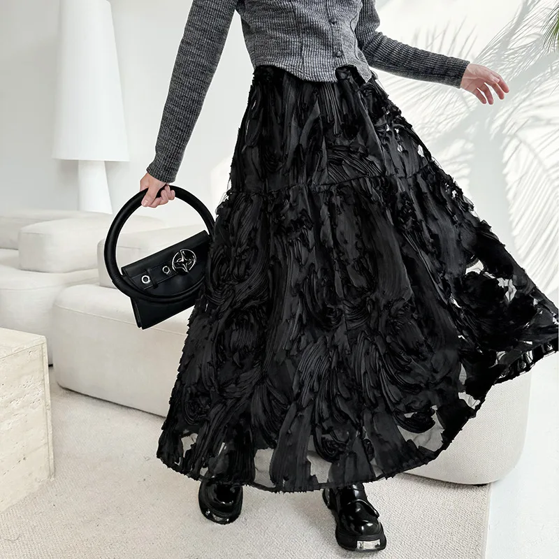 Women Skirts A Line Mesh Spliced Long Skirt Solid Elastic Waist Casual Streetwear Lady Elegant Slight Strech Autumn 2025
