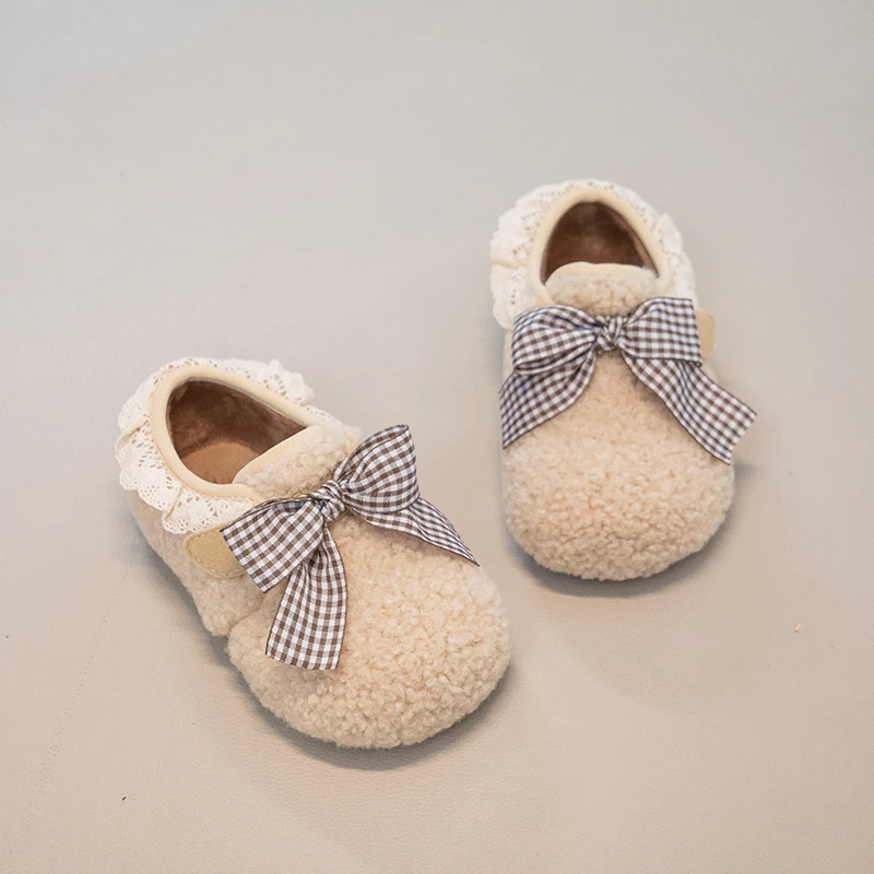 طفل الفتيات الشقق الأطفال فو فروي قارب أحذية أطفال فراشة الدانتيل حافة أحذية ناعمة طفل الفتيات أحذية الشتاء الدافئة #2