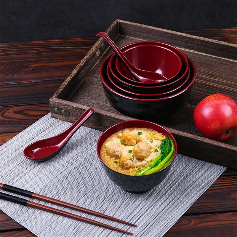 Black-Red Melamine Ramen Bowl Imitation Porcelain Fruit Salad Fast Food Tableware Frosted Noodles Rice Bowls Kitchen Accessories