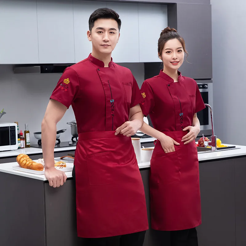 Unisexs Red High Quality Western Restaurant Chef Coat Short Sleeve Hotel Kitchen Shirt Cook Jacket Bakery Waiter Working Clothes