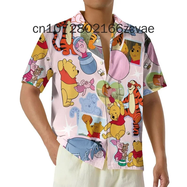 Disney Pooh Bear camisa hawaiana para hombres y mujeres, camisa hawaiana de manga corta con botones de moda informal, camisa para niños