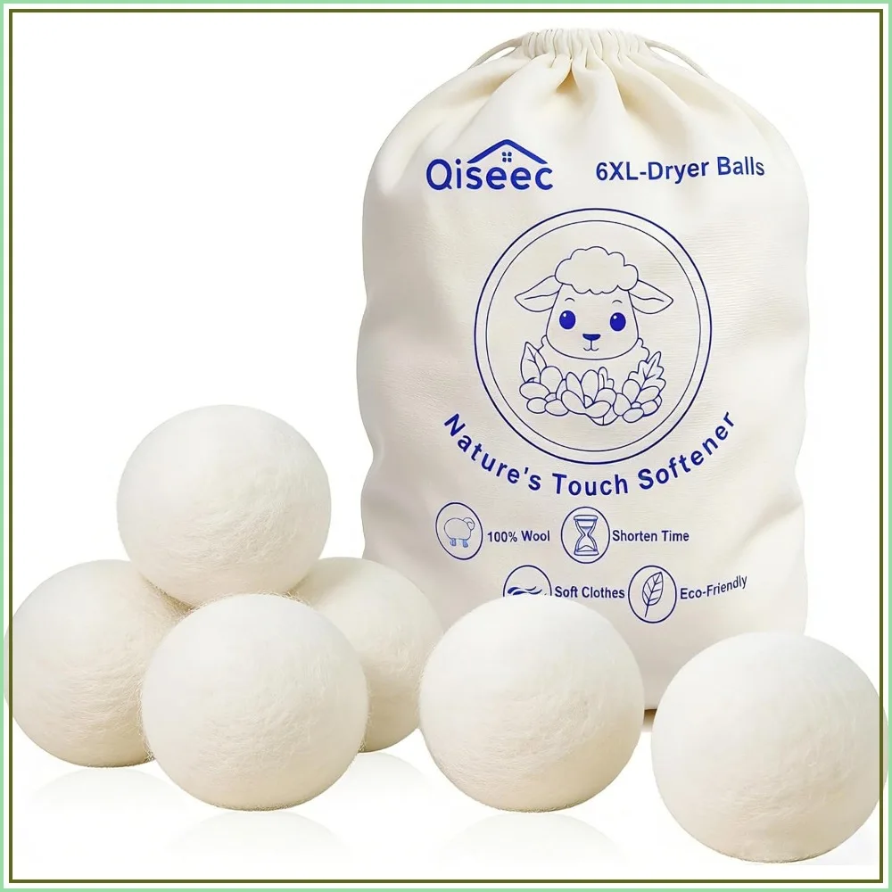 6-Pack XL Wool Dryer Balls - Natural Fabric Softener, Reduces Wrinkles & Drying Time, Hypoallergenic, Softens & Fluffs Clothes