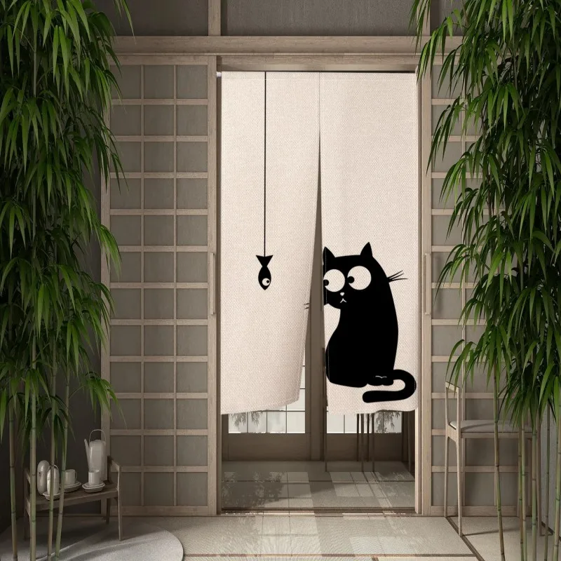 VIKAMA Black Cat Fishing Print Half-Length Curtain, Indoor Fabric Curtain, No-Drill Privacy Curtain, Home Decor