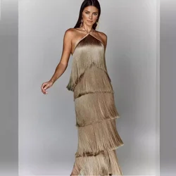 Fashionable Temperament Banquet Women's Clothing Elegant Commuting Sexy Sleeveless Hanging Neck Tassel Backless Slit Long Dress