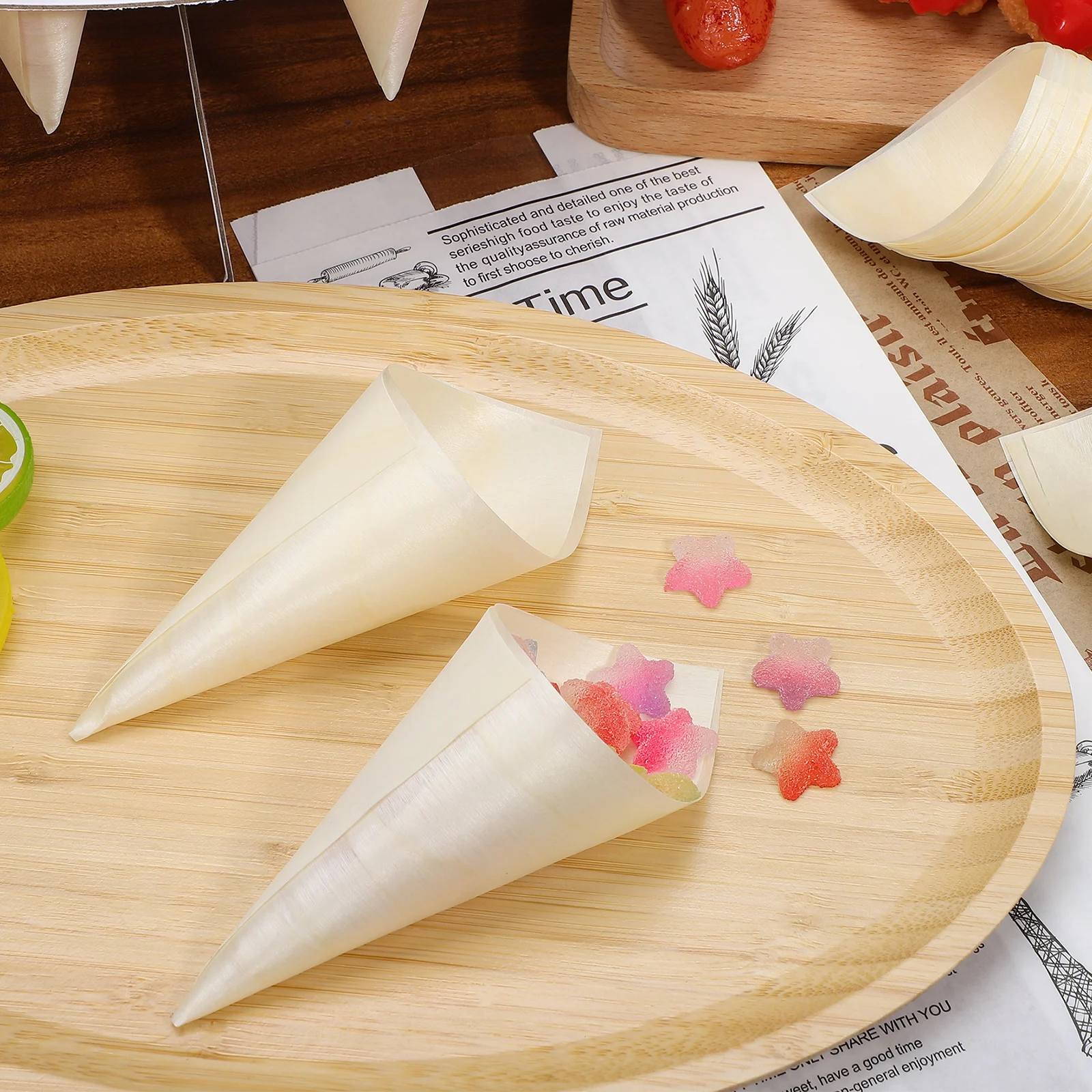 

100Pcs Dessert Cones Paper Cones Disposable Wood Tasting Cones For Food Cone Packaging Container Wood Plate For Home