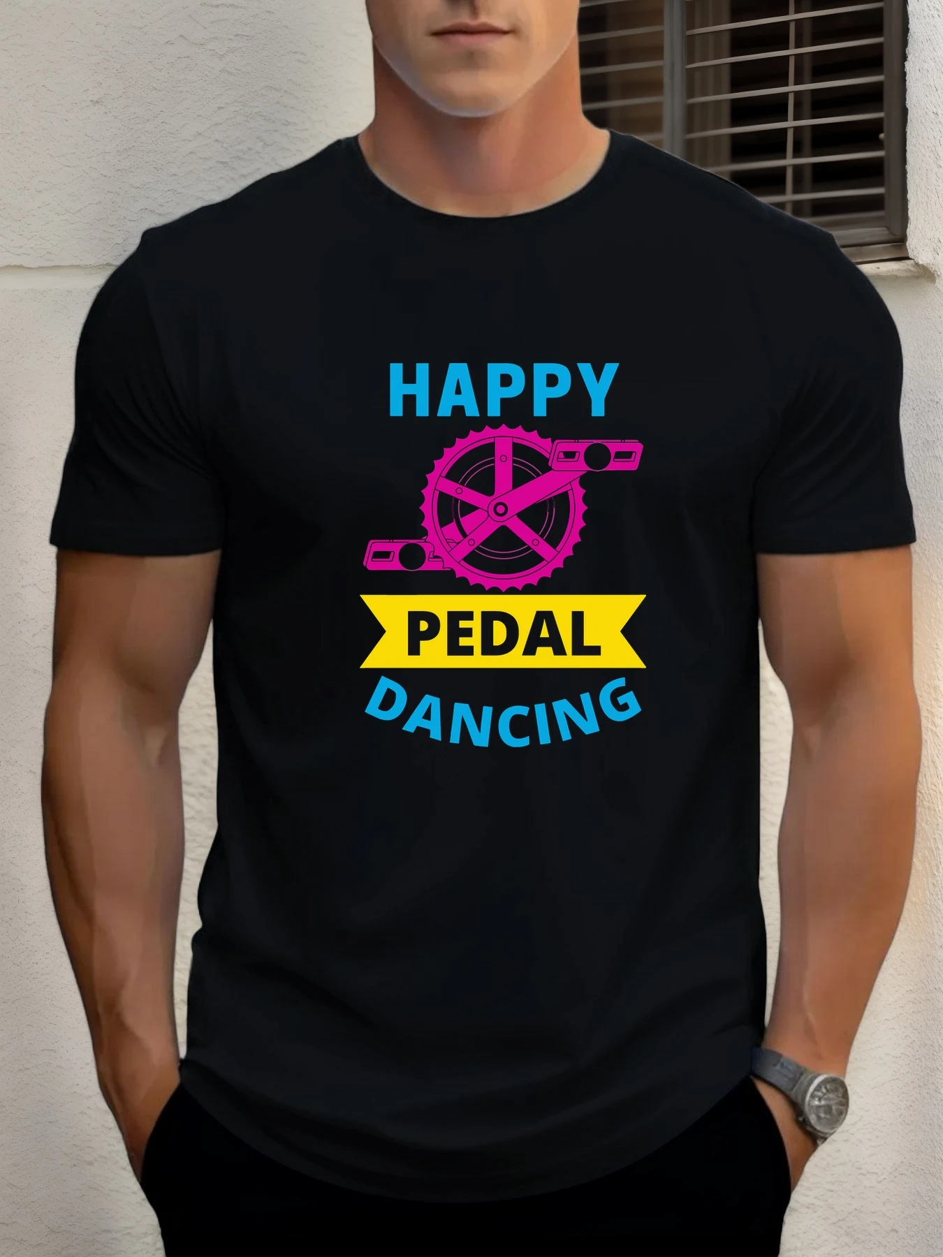 

Man Short Sleeve T-shirt HAPPY PEDAL DANCING Print Summer Round Neck Oversized Tee Casual Fashion High Quality Clothing