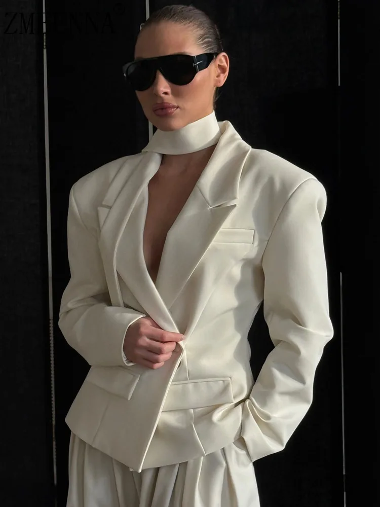 

ZMEENNA White Lapel Blazer For Women Stylish Long Sleeve Asymmetric Hem Business Jacket Perfect Office Elegant ZM3591